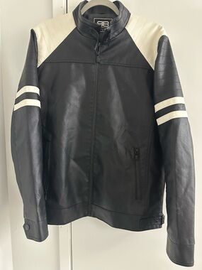 Men's Black And White Striped Benjamin Black Leather Motorcycle Jacket Size S